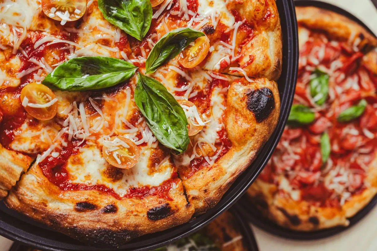 Pizza prepared with colourful fresh toppings